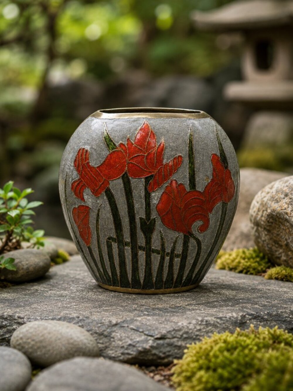 Vintage Brass Enamel Floral Vase